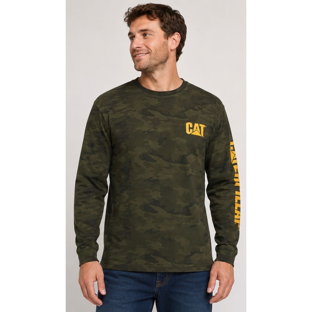 Caterpillar CAT Mens Camo Long Sleeve T-Shirt Green Camouflage Logo Size Large
